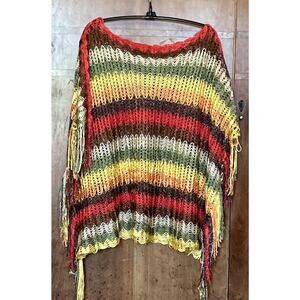 VTG Ribbon Rainbow Sparkle Fringed Poncho Boho Hippie Festival Wear One Size